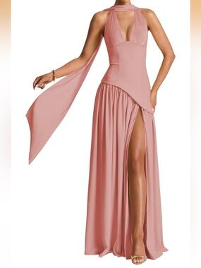 Elegant Blush Rose Pink Halter Gown with Scarf Detail